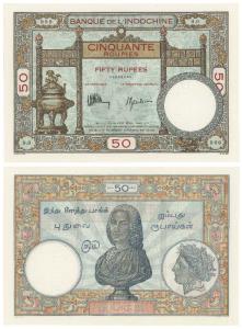 French India, Banque De L’Indochine, Rupees 50, Pondicherry, 1945, Specimen perforated acr