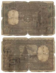 Rupees 1000, 1st issue, 1954, Calcutta, signed B. Rama Rau, value in Hindi reads Rupaya, (