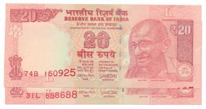 Rupees 20, signed Urjit Patel, fancy number 888888 and another note with no serial number 