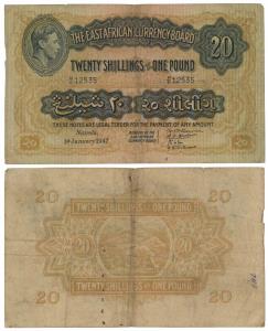 East African Currency Board, George VI, 20 Shillings, Nairobi, 1st January 1947 (KM 30). F