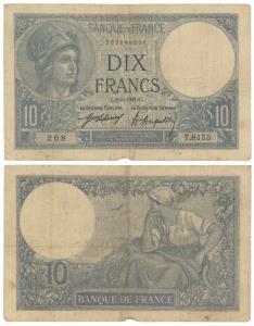 France, 10 Francs, Minerva facing right, 1921 (KM 73). Very Fine.