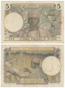 French West Africa, 5 Francs, 1941 (KM 21). About Extremely Fine.