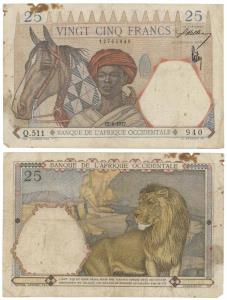 French West Africa, 25 Francs, 1942 (KM 27). Fine+.