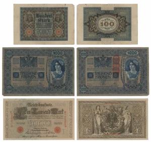 Germany, 100 Mark, 1920 (KM 69); 1000 Mark, 1910 (KM 45); Austria, 1000 Kronen Krona 1902,