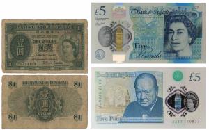 Great Britain, Elizabeth II, 5 Pounds, plastic note; Hong Kong, 1 Dollar, 1952. Uncirculat