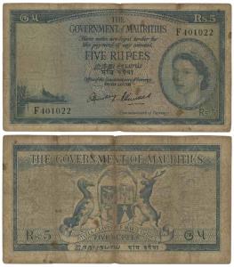 Mauritius, 5 Rupees, Port Louis, 1954 issue (KM 27). Fine+, Scarce.