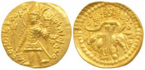 Kushanas, Vasudeva (c. 195-230 AD), Gold Dinar, 7.9g, obv. king nimbate standing left, hol