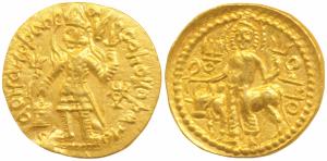 Kushanas, Vasudeva, Gold Dinar, 8.0g, obv. king nimbate standing left, holding a trident t