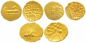 Gold Fanam (3), each 0.3g, Marathas of Tanjavore, Kali to right, rev. Rama Rau; Indo – Dut