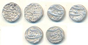 Silver Rupee, Jahangir (1), Qandahar Mint; Aurangzeb (2), Bhakkar AH 1073 and Gulkonda Min