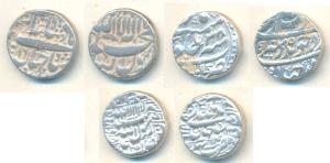 Silver Rupee, Shah Jahan (2), Qandhar & Bhakkar Mint; Aurangzeb (1), Katak Mint, RY 38 (KM