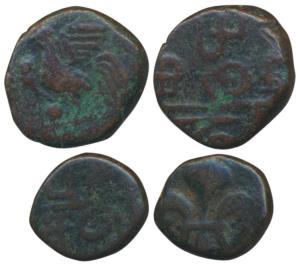 Pondicherry, Copper Doudou & ½ Doudou, 1836 AD, the first with a Rooster; the second obv. 