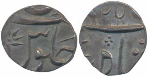 Surat Mint, Silver 1/8 Rupee, 1.4g, in the name of Shah Alam II, privy mark 1 (Prid 256). 