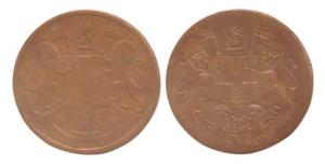 Copper, ½ Pice, 1835, obv. coat of arms of the EIC and date, Error, Brockage, nice and nea