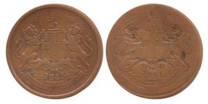 Copper ½ Anna, 1845, Calcutta Mint, obv. coat of arms of the EIC and date, Error, Brockage