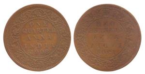 Edward VII, Copper ¼ Anna, Error, reverse Brockage, nice deep and complete lakhi impressio
