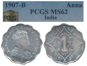 Edward VII, Cupro-Nickel Anna, 1907, Bombay Mint, B incuse, (Prid 926). Graded by PCGS MS6