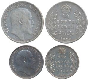 Edward VII, Silver ¼ Rupee, 1910, Bombay Mint, minor die rotate; Silver 2 Annas, 1910. Fin