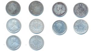 Silver ½ Rupee (5), Edward VII, 1910; George V, 1921 (2), 1922; George VI, 1939. Fine to F