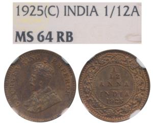 George V, Cupro-Brass, 1/12 Anna, 1925, Calcutta Mint. Graded by NGC MS64RB.