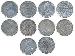 George V, Silver ½ Rupee, 1921, 1922, Calcutta Mint; 1925, 1926 & 1936 Bombay Mint. Very F