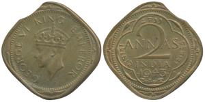 George VI, Cupro-Nickel 2 Annas, 1943, Error, planchet flaw, slightly chipped. About Extre