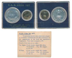 1971 Uncirculated Set, Food For All, set of 2, 20 Paise and Rupees 10. In near immaculate 