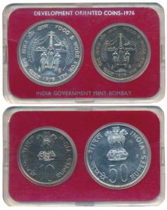 1976 Uncirculated Set, Food and Work for All, set of 2, Rupees 10 and 50. In near immacula