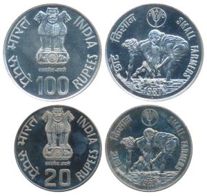 Silver Rupees 100 and Cupro-Nickel Rupees 20, 1987, Small Farmers. Uncirculated, each with