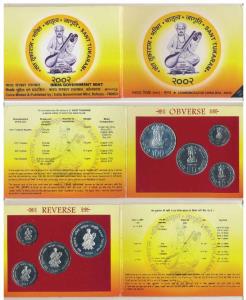 2002 Uncirculated Set, Sant Tukaram, set of 4, Rupees 2 to 100. In immaculate condition, w