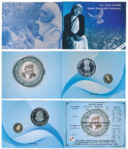 2010 Proof Set, Mother Teresa Birth Centenary, set of 2, Rupees 5 and 100. In immaculate c