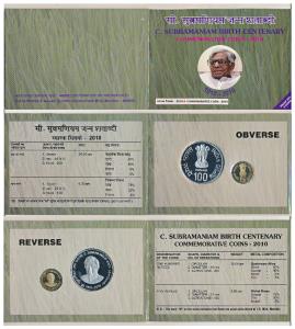2010 Proof Set, C. Subramaniam Birth Centenary, set of 2, Rupees 5 and 100. In immaculate 