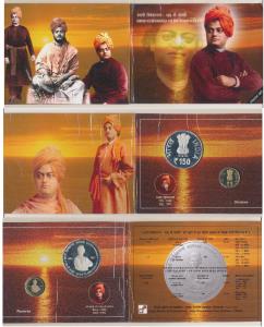 2013 Proof Set, 150th Birth Anniversary of Swami Vivekananda, set of 2, Rupees 5 and 150. 