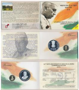 2014 Proof set, 125th Birth Anniversary of Jawaharlal Nehru, set of 2, Rupees 5 and 125. I