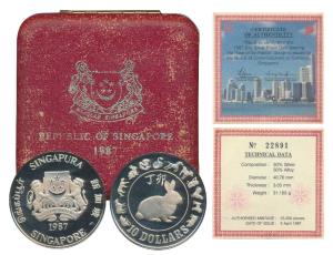 Singapore, Half Silver 10 Dollar, 31.103g, Year of the Rabbit 1987, Singapore Mint. Proof,