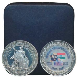 Silver Dollar, 28.56g, Commemorating Indian Independence, Coloured coin with the bust of G