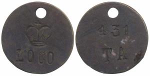 Bronze Token, 9.5g, obv. British crown with LOCO inscribed below, rev. 431 TA. Extremely F