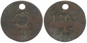 Bronze Token, 9.9g, obv. British crown with LOCO inscribed below, rev. 1203 MS. About Extr