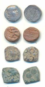 Post Mauryan, obv. tree-in-railing, wheel and traces of other symbol, rev. Ujjaini symbol;