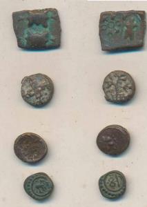 Post-Mauryan, Saurashtra region, obv. human figure standing with spear besides a six armed