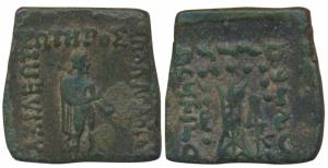 Indo-Greeks, Hippostratos (c. 80-60 BC), Square Copper, 8.04g, obv. Apollo with quiver on 