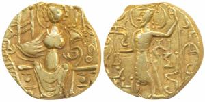 Guptas, Samudragupta, North Indian Type, Gold Dinara, 7.61g, obv. king nimbate standing le
