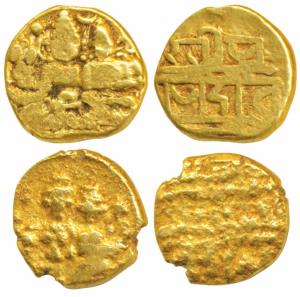 Vijayanagar Empire, Devaraya I (1406-1422 AD), Gold ½ Pagoda, 1.70g, obv. Shiva-Parvati se
