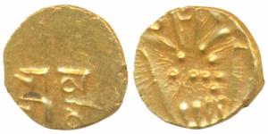 Tanjore Fanams, Gold , Nayaks of Tanjore, Raja Ram type, obv. Kali, rev. Rma Rau. Extremel