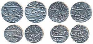 Silver Rupee (4), Aurangzeb, Khambayat Mint, AH 1084/16; Farrukhsiyar, Surat Mint, RY 6; F