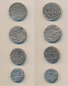 Silver Rupee (4), Jaipur; Jaisalmer Ranjit Singh; Mewar Dosti London issue; Orchha Vikrama