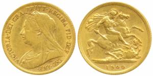 Great Britain, Victoria, Gold ½ Sovereign, 4g, 1900, veiled head, rev. St. George slaying 