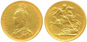 Great Britain, Victoria, Gold Sovereign, 8g, 1889, Jubilee head, St. George slaying a drag