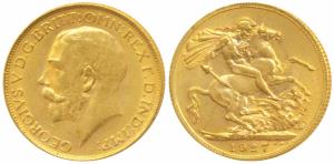 South Africa, George V, Gold Sovereign, 8g, 1927, ‘SA’ mint mark for South Africa (KM 21).