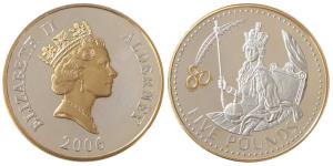 Alderney, Elizabeth II Silver 5 Pounds, 28.28g, gold cameo on the bust, 2006, obv. Portrai